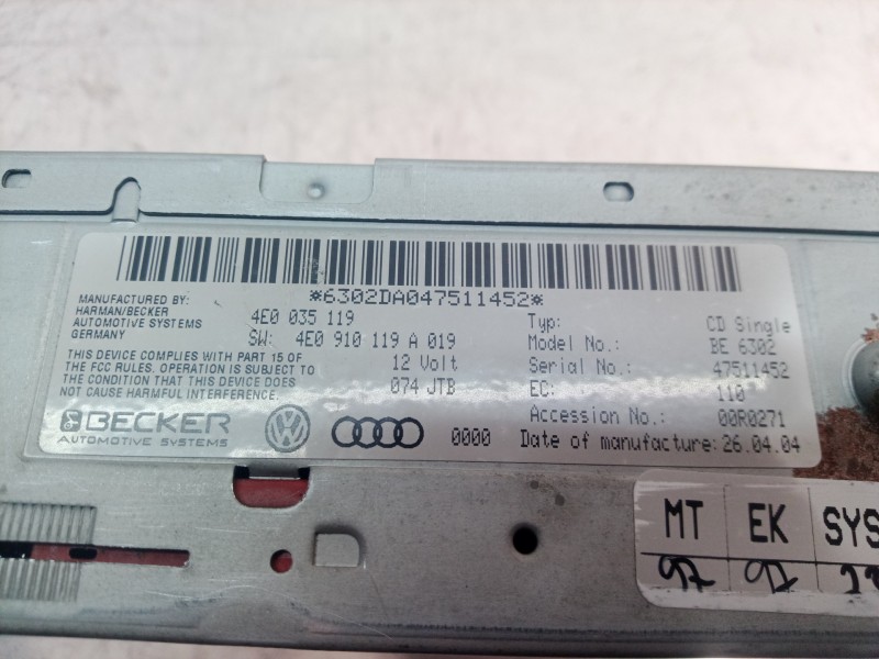 Recambio de sistema audio / radio cd para audi a8 (4e2) 3.7 quattro referencia OEM IAM 4E0910119 4E0910119 4E0910119