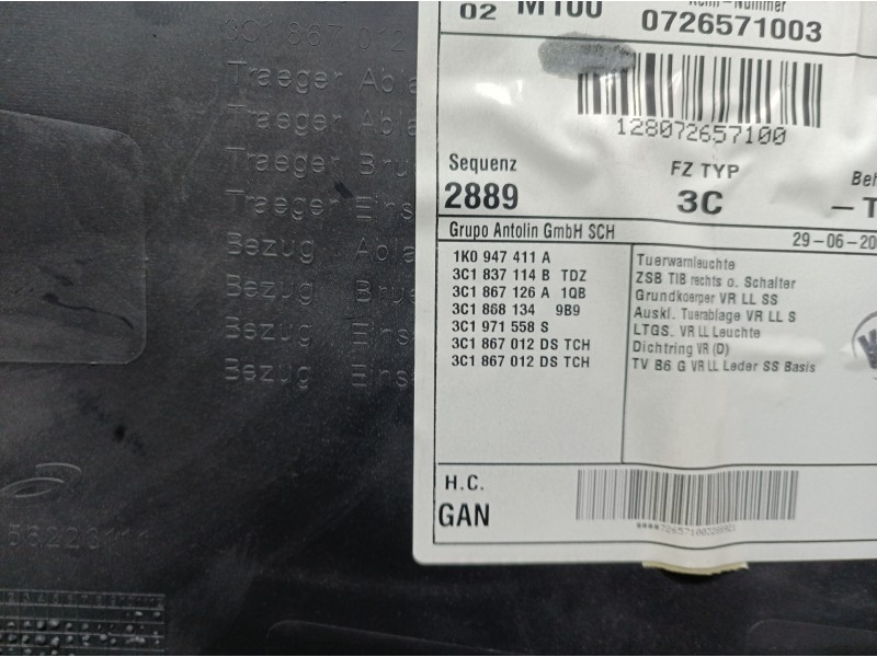 Recambio de guarnecido puerta delantera derecha para volkswagen passat berlina (3c2) advance referencia OEM IAM 3C1867012 3C1837