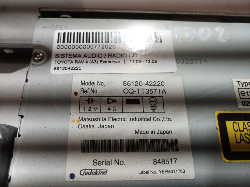 Recambio de sistema audio / radio cd para toyota rav 4 (a3) executive referencia OEM IAM 8612042220 8612042220 8612042220