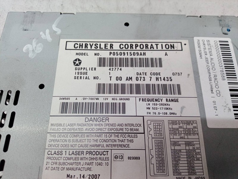 Recambio de sistema audio / radio cd para jeep patriot limited referencia OEM IAM P05091509AH P05091509 P05091509