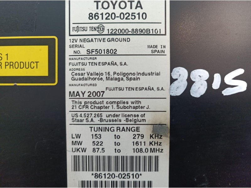 Recambio de sistema audio / radio cd para toyota auris luna+ referencia OEM IAM 8612002510 8612002510 1220008890B101