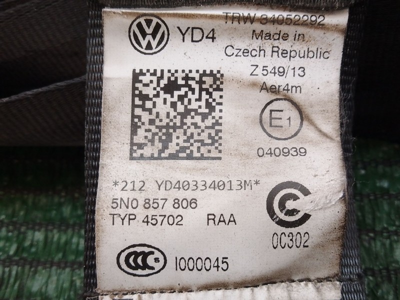 Recambio de cinturon seguridad trasero derecho para volkswagen tiguan (5n_) 2.0 tdi referencia OEM IAM 5N0857806 YD40334013M 340