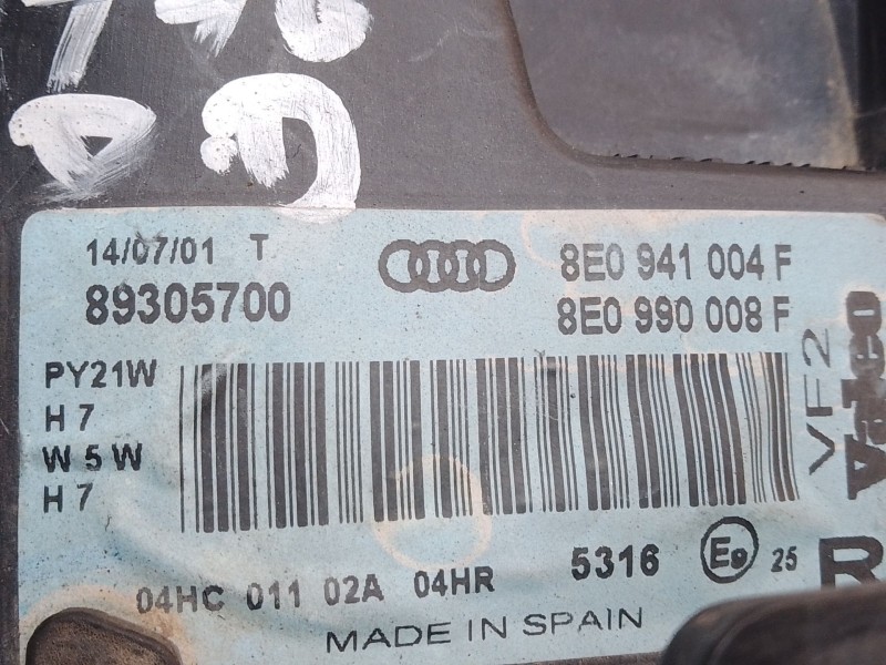 Recambio de faro derecho para audi a4 berlina (8e) 1.9 tdi (96kw) referencia OEM IAM 89305700 8E0990008F 8E0941004F