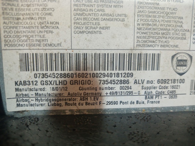 Recambio de airbag delantero derecho para fiat 500 (312_) 1.2 (312axa1a) referencia OEM IAM   