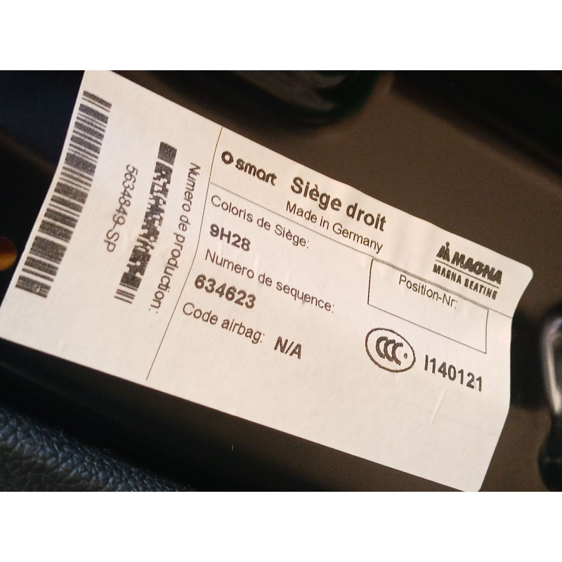 Recambio de asientos delanteros para smart fortwo coupé (451) 1.0 (451.331, 451.380) referencia OEM IAM   
