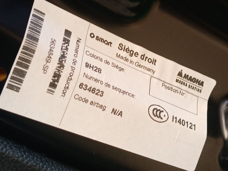 Recambio de asientos delanteros para smart fortwo coupé (451) 1.0 (451.331, 451.380) referencia OEM IAM   